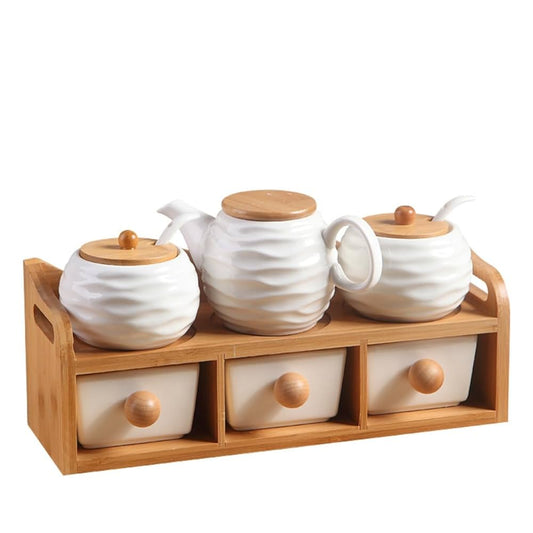 Porta Mantimentos de Cerâmica com Suporte Bambu - (Kit)