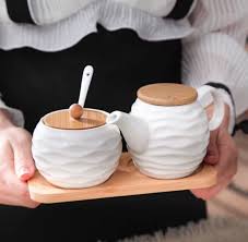 Porta Mantimentos de Cerâmica com Suporte Bambu - (Kit)