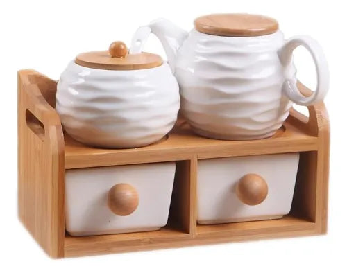 Porta Mantimentos de Cerâmica com Suporte Bambu - (Kit)